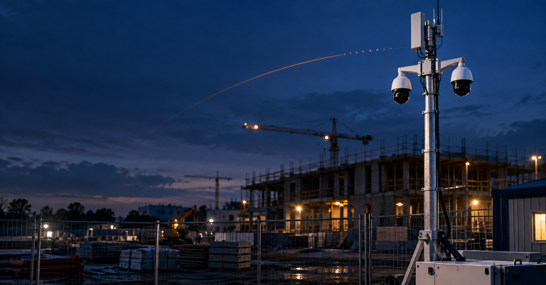 Throttling and CCTV: mobile camera tower with two dome cameras on a construction site at night, its data signal fading out